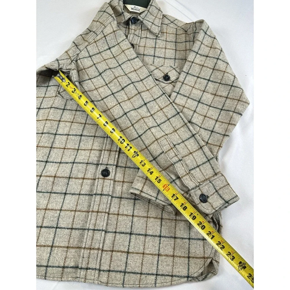 Vtg WOOLRICH Wool Shacket Shirt Jacket Heavy Plaid Tan Brown Green Overshirt Med